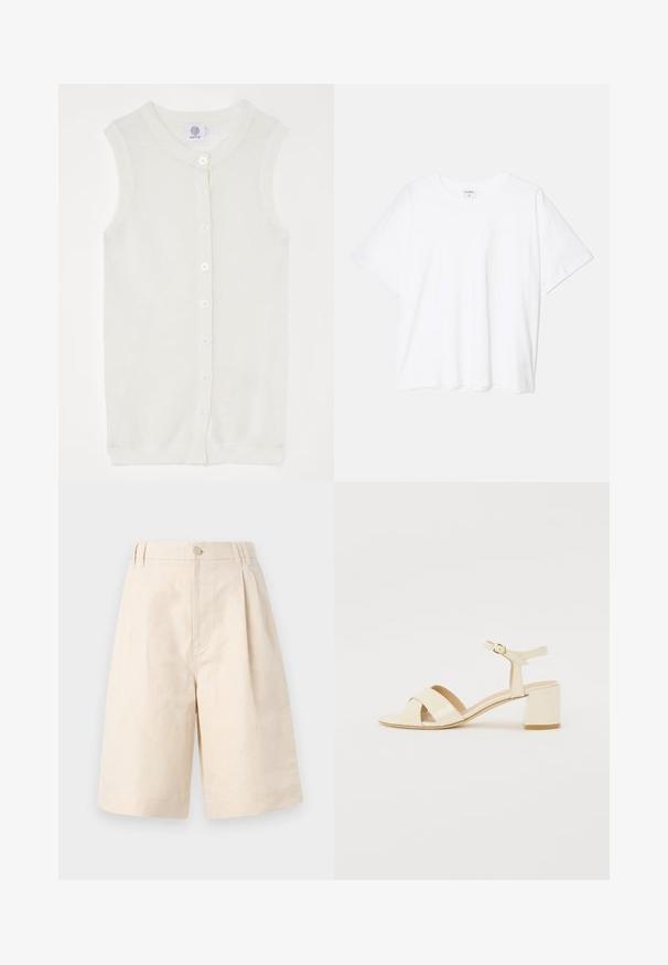 Biela bezrukávová pletená cardigan s mriežkovou textúrou, okrúhlym výstrihom a piatimi prednými gombíkmi. Jednoduchý a ľahký dizajn.; Biely bavlnený tričko s krátkymi rukávmi, okrúhlym výstrihom, voľným strihom a prešitým lemom. Štítok viditeľný na vnútornom krku.; Béžové ľanové šortky so voľným strihom, s gombíkovým zapínaním, s plisovaným dizajnom a dĺžkou po kolená. Hladká textúra a jednoduchý štýl.; Bežové lakované sandále na podpätku s križovým popruhom, otvorenou špičkou, nastaviteľným členkovým popruhom a blokovým podpätkom. Hladká textura.