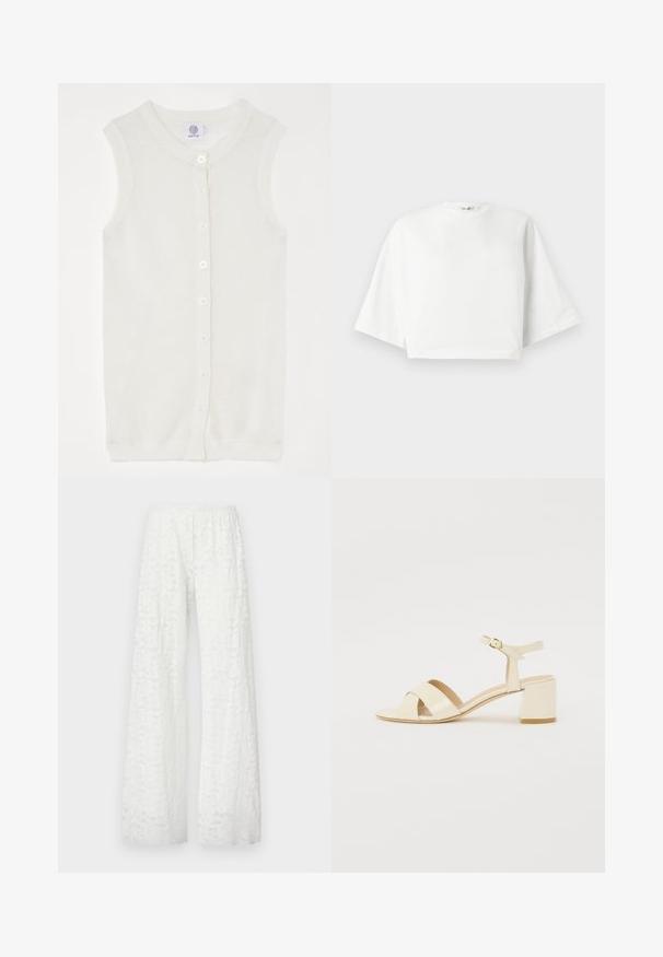 Fehér ujjatlan kötött kardigán, hálós textúrával, kerek nyakkivágással és öt elülső gombbal. Egyszerű és könnyű dizájn.; Fehér, rövidített póló laza fazonnal, széles rövid ujjakkal, kerek nyakkal és oldalsó hasítékokkal, puha pamut anyagból készült.; Fehér, bő szárú nadrág, rugalmas derékkal, ami texturált, virágos csipkepatternt mutat az anyagon.; Beige lakkbőr magassarkú szandál, kereszttartós kialakítással, nyitott orral, állítható bokapánttal és tömbsarokkal. Sima textúrával.