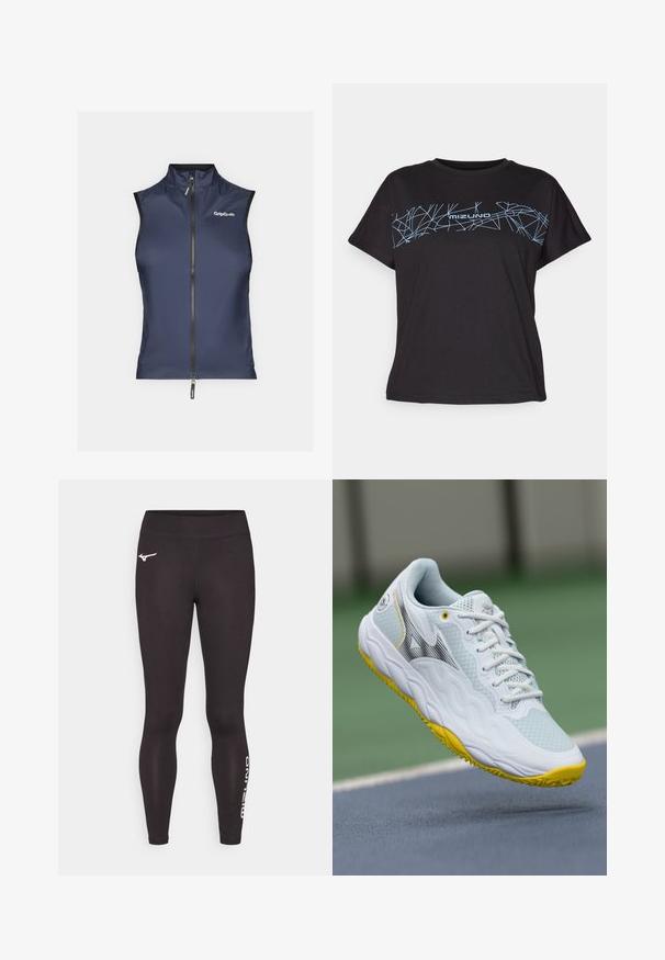 Jūras spēku bez piedurknēm veste ar augstu apkakli, priekšējo rāvējslēdzēju un GripGrab logotipu kreisajā pusē. Gluda, viegla auduma ar pieguļošu dizainu.; Melna īsām piedurknēm T-krekls, izgatavots no kokvilnas ar zilu ģeometrisku rakstu un "mizuno" logotipu uz krūtīm. Brīvas griezuma dizains.; Melnas sporta leggingas, izgatavotas no elastīga auduma. Iezīmēta ar pieguļošu dizainu, augstu jostasvietu un baltu logotipa detalizāciju kreisajā pusē.; Balti sporta apavi ar strukturētu acs augšdaļu, dzelteniem akcentiem uz zoles un plūstošu dizainu ar melnu logotipa detaļu.