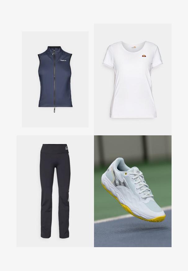 Mornarska brezrokavnik s visokim ovratnikom, sprednjim zadrgo in GripGrab logotipom na levi strani. Gladek, lahek material z oprijeto zasnovo.; Bela kratkosleeve majica iz lahkega materiala s krožnim ovratnikom in majhnim vezenim logotipom z rdečimi in rumenimi poudarki.; Črne elastične hlače iz tkanine z visokim pasom, ki imajo diskretno logo in kontrastne stranske črte. Gladka tekstura, prilagojen kroj.; Bela športna obutev z teksturiranim mrežastim zgornjim delom, rumenimi poudarki na podplatu in aerodinamičnim dizajnom z detajlom črnega logotipa.