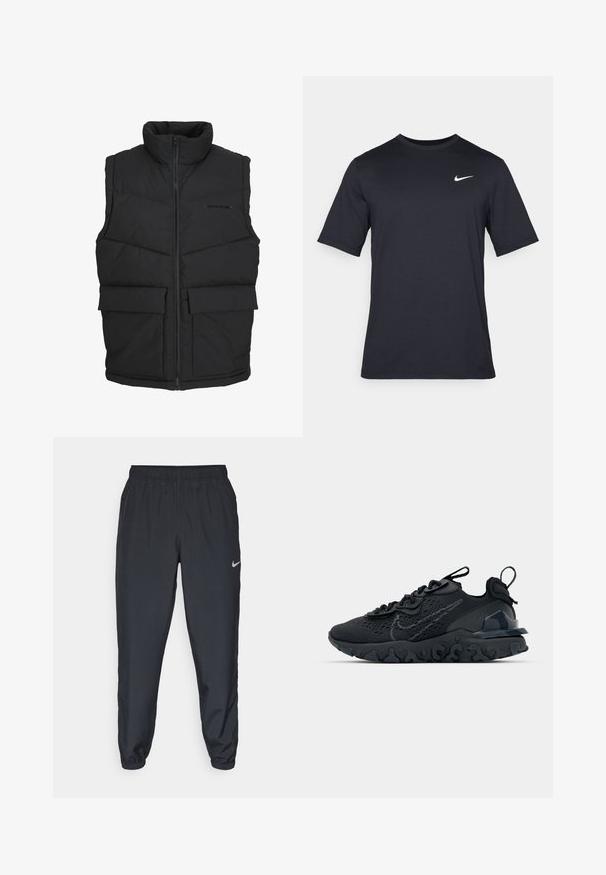 Chaleco puffer negro con cuello alto, cierre frontal y dos bolsillos frontales. Fabricado en tejido acolchado, con una textura suave y un diseño minimalista.; Camiseta negra de manga corta de Nike hecha de tela suave, con un logo de swoosh blanco en la parte superior izquierda y cuello cuadrado.; Pantalones deportivos negros hechos de tela ligera con una cinturilla elástica, puños en los tobillos y un discreto logo de Nike en el lado izquierdo.; Zapato deportivo negro con una parte superior de malla transpirable, acentos texturizados y una suela de goma ondulada. Presenta un logotipo reflectante y un sistema de cordones.
