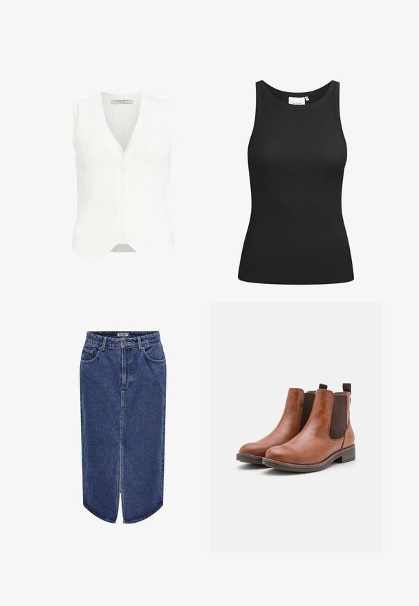 Biały, prążkowany sweter bez rękawów z dekoltem w kształcie litery V, z guzikiem z przodu oraz falbaniastym wykończeniem. Wykonany z miękkiego materiału o teksturowanym wykończeniu.; Czarny top na ramiączkach wykonany z prążkowanej tkaniny, z dekoltem w kształcie łódki i dopasowanym krojem. Płaskie szwy i brak ozdób. Prosty i elegancki design.; Dżinsowa spódnica o średniej długości, w ciemnoniebieskim odcieniu, z rozcięciem z przodu i klasycznym fasonem pięciu kieszeni, z zapięciem na guzik i zamek.; Brązowe skórzane botki za kostkę z elastycznymi panelami bocznymi, zaokrąglonym noskiem i niskim drewnianym obcasem. Posiadają pętelkę ułatwiającą zakładanie.