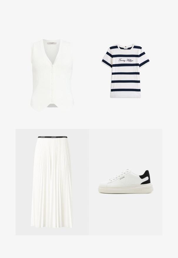 Bílá ribrová pletená vesta s výstřihem do V, vybavená zapínáním na knoflíky a zvlněným lemem. Vyrobena z měkkého materiálu s texturovaným povrchem.; Bavlněné tričko s horizontálními námořnickými pruhy na bílém pozadí. Na hrudi je výšivka "Tommy Hilfiger" v kurzívě. Kulatý výstřih.; Záhybová bílá sukně s černým elastickým pasem s logem "LACOSTE". Suška je střední délky a má jemnou texturu.; Bílé kožené tenisky s tlustou bílou podrážkou, černým semišovým akcentem na patě a vyraženým logem na boku. Šněrovací design se šesti očka.