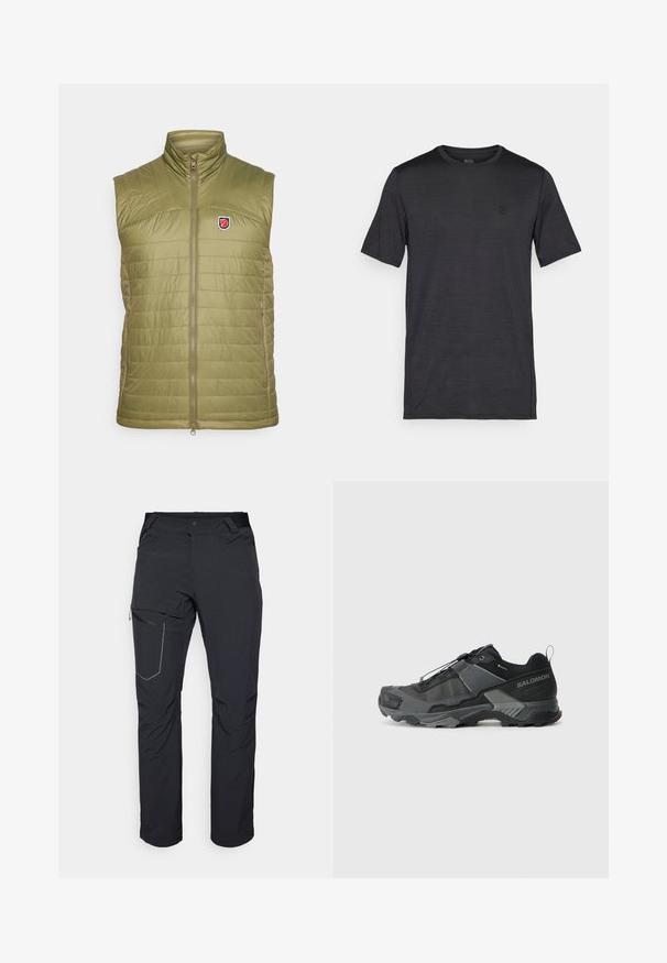 Fjällräven EXPEDITION X-LÄTT VEST M - Brezrokavnik - green; Črna kratka majica s kratkimi rokavi, izdelana iz gladkega in lahkega materiala. Ima okroglo ovratnico in vezeno logo na prsih.; Črne zunanje hlače z žepom na stegnu z zadrgo, elastičnim pasom in gladkim, vodoodpornim materialom. Čist dizajn brez vidnih logotipov.; Črne trail tekaške čevlje z vzdržljivim mrežastim zgornjim delom, ojačano zaščito prstov, teksturiranim gumijastim podplatom in elastičnim sistemom vezalk za varen oprijem.