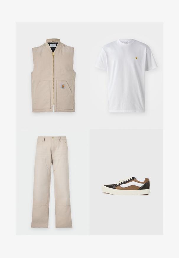 Beige Weste mit hohem Kragen, durchgehendem Reißverschluss, zwei großen Taschen und einem kleinen Logopatch auf der linken Seite. Aus strapazierfähigem Stoff gefertigt.; Weißes Baumwoll-T-Shirt mit kurzen Ärmeln, Rundhalsausschnitt, mit einem kleinen goldenen Logo im linken Brustbereich. Weicher Stoff und normale Passform.; Beige Baumwollhosen mit einem geraden Bein-Design, ausgestattet mit zwei Vordertaschen und zwei Reißverschluss-Akzenten. Goldfarbene Hardware setzt Akzente.; Schwarze und braune Sneakers mit weißen Akzenten, aus Canvas-Material, im Low-Top-Design, runder Zehenbereich und beiger Gummisohle. Mit kontrastierenden Nähten.