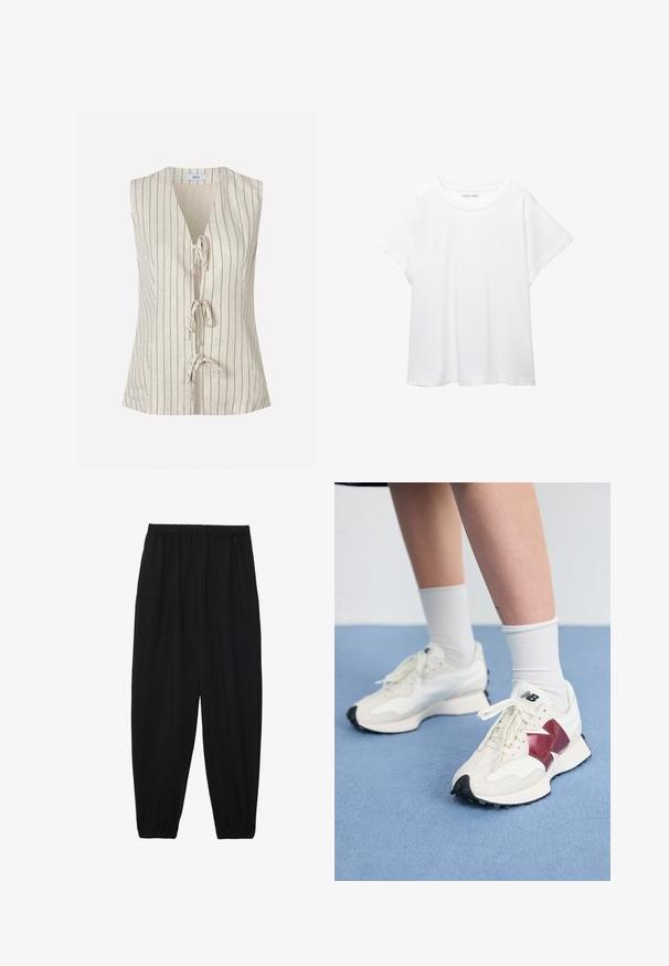 Ärmlös linneöverdel i beige med vertikala svarta ränder, med V-ringning och framslips för stängning, mjuk textur och avslappnad passform.; Vit t-shirt som är gjord av mjukt, lätt tyg. Har en rund halsringning och korta, vida ärmar med en avslappnad passform. Inga synliga mönster.; Svarta, lätta byxor med elastisk midja och samlade ankleder. Tyget är slätt och har en avslappnad, avsmalnande design.; Ett par vita sneakers med vinröda detaljer, texturerade paneler, platt svart sula och ljusa snören, bärs med vita ankelsockor.