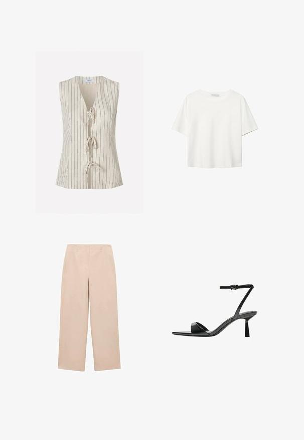 Ärmlös linneöverdel i beige med vertikala svarta ränder, med V-ringning och framslips för stängning, mjuk textur och avslappnad passform.; Vit t-shirt med kort ärm i bomull. Har en rundad halsringning och en avslappnad passform. Slät textur utan synliga mönster eller detaljer.; Beiga vida byxor gjorda av slät tyg, med en rak front och bältesöglor, utan synliga mönster eller dekorationer.; Bershka Sandaletter - black