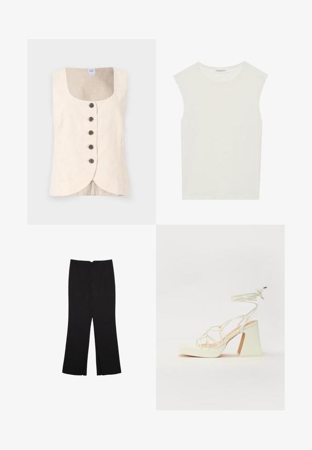 Linen bezrukavni top svijetle bež boje s izrezom u obliku suze, pet dugmadi smeđe boje i zakrivljenim rubom. Jednostavan i čist dizajn.; Bijela majica bez rukava s okruglim izrezom. Izrađena je od glatkog materijala, nudi opušteni kroj i minimalistički dizajn. Bez uzoraka ili ukrasa.; Crne hlače ravnog kroja, s prednjim džepovima i bočnim prorezima na rubu. Izrađene od mekog i glatkog materijala. Pogodne za razne prigode.; Bijela sandala na visokoj potpetici s debelim petom, s remenom i vezanjem oko gležnja. Glatka tekstura s platformom sprijeda za dodatnu visinu.