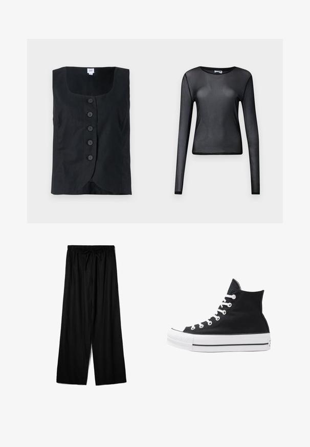 Crna majica bez rukava od teksturirane tkanine, s okruglim izrezom i pet crnih dugmadi sprijeda za zatvaranje.; Crna majica dugih rukava izrađena od prozirnog materijala, s okruglim izrezom i uskim krojem, s finim rubovima.; Crne široke hlače napravljene od laganog materijala, s elastičnim pojasom i vezicom za prilagodljivo oblikovanje. Glatka tekstura.; Visoke crne platnene tenisice s bijelim rupama, vezicama i gumenim potplatom. Imaju teksturirani vrh i crno-bijele pruge kao ukrase.