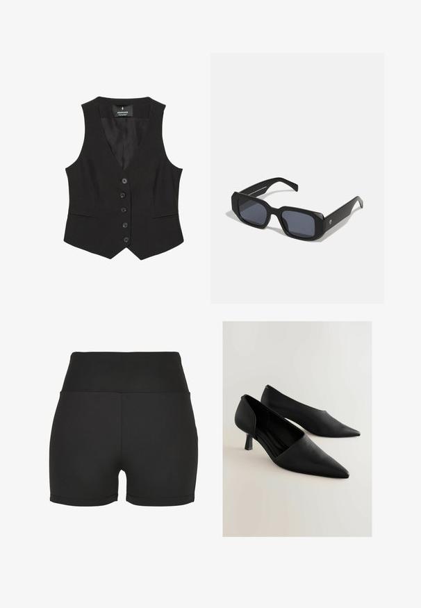 Mustat muotoillut liivit V-aukolla, joissa on kuusi nappia edessä ja kaksi sivutaskua, valmistettu sileästä kankaasta. Klassinen, jämäkkä muotoilu.; Mustat hihaton paita, jossa ohuet säädettävät olkaimet, sileä joustava kangas ja istuva siluetti. Ei kuvioita tai koristeita.; Musta korkeavyötäröinen urheiluhousut, jotka on valmistettu liukkaasta ja joustavasta materiaalista. Ominaisuuksiin kuuluvat sileät saumat ja muotoiltu malli, joka on ihanteellinen aktiivivaatteeksi.; Musta nahkakenkiä, joissa on korkea korko ja terävä nenä, minimalistisella muotoilulla ja lyhyellä, neliömäisellä korolla. Sileä pinta ja sulavalinjainen siluetti.; Musta suorakulmainen aurinkolasit matta pintakäsittelyllä, tummilla linsseillä ja paksuilla, kulmikkailla kehyksillä. Minimalistinen muotoilu ilman näkyviä logoja.