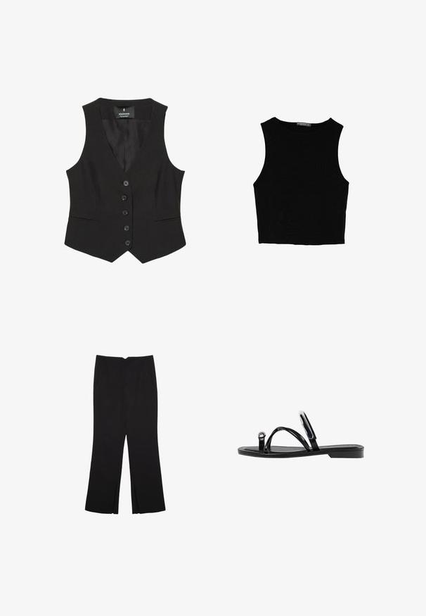 Schwarze taillierte Weste mit V-Ausschnitt, ausgestattet mit sechs vorderen Knöpfen und zwei Seitentaschen, gefertigt aus glattem Stoff. Klassisches, strukturiertes Design.; Schwarzes ärmelloses Crop-Top aus glattem Stoff, mit rundem Ausschnitt und einem klaren, schlichten Design ohne Muster oder Beschläge.; Schwarze Hose mit geradem Schnitt, ausgestattet mit Fronttaschen und Seitenschlitzen am Saum. Hergestellt aus weichem, glattem Stoff. Geeignet für verschiedene Anlässe.; Schwarze flache Sandalen mit glänzender Oberfläche, drei dünnen Riemen und einem runden Hardware-Detail an den Zehen. Elegantes Design mit einem minimalen Absatz.