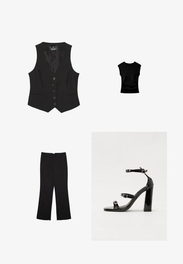 Schwarze taillierte Weste mit V-Ausschnitt, ausgestattet mit sechs vorderen Knöpfen und zwei Seitentaschen, gefertigt aus glattem Stoff. Klassisches, strukturiertes Design.; Schwarzes kurzärmliges Oberteil mit tailliertem Schnitt, das seitliche Raffung und einen glatten, dehnbaren Stoff für zusätzlichen Komfort aufweist.; Schwarze Hose mit geradem Schnitt, ausgestattet mit Fronttaschen und Seitenschlitzen am Saum. Hergestellt aus weichem, glattem Stoff. Geeignet für verschiedene Anlässe.; Schwarze patentierte Sandalen mit Absatz, quadratischer Spitze, Knöchelriemen und silbernen Schnallen. Mit einem stabilen Blockabsatz für mehr Stabilität.