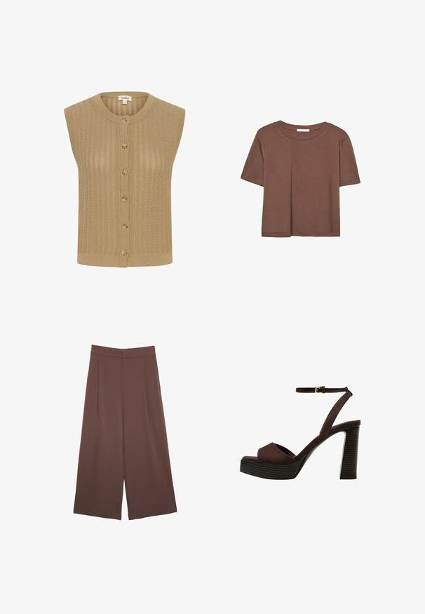 Bež prsluk bez rukava od pletene tkanine s okruglim izrezom, zatvaranjem na gumbe i teksturiranim uzorkom s vertikalnim linijama.; Smeđi kratki rukav majica od mekog materijala, s okruglim izrezom i opuštenim krojem. Nema vidljivih uzoraka ili naglasaka.; Smeđe hlače širokog kroja s glatkom teksturom, koje imaju visok struk i nabore sprijeda. Tkanina je lagana i slobodno se kreće.; Smeđe zamšaste sandale s visokim potpeticama, otvorenim prstima, podesivom trakicom oko gležnja i prugastom platformom.