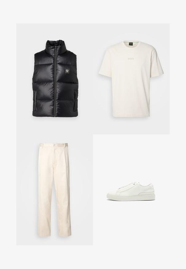 Belstaff RESOLVE GILET - Weste - black; BOSS TEE - T-Shirt basic - open white; Beige Baumwollhose mit geradem Bein, ausgestattet mit einem Knopfverschluss und Falten an der Vorderseite für zusätzliche Details.; Weiße Leder-Sneaker mit strukturierter Oberseite, runder Zehenform, minimalistischem Design und Gummisohle mit gestickten Details.