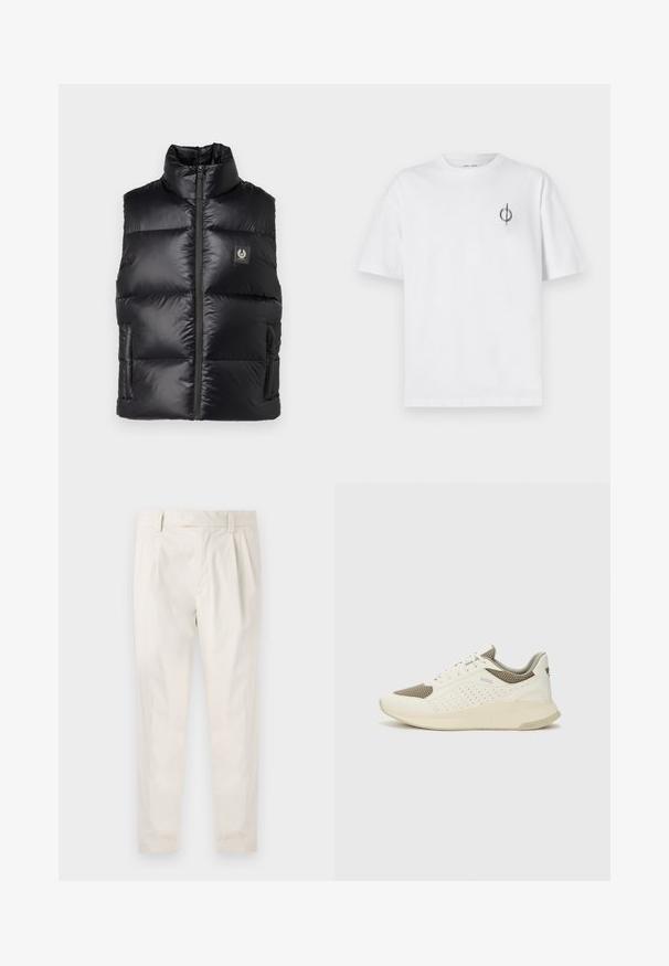 Belstaff RESOLVE GILET - Strukirani kaput - black; Bijela pamučna majica s opuštenim krojem, s malim crnim grafičkim logotipom na lijevoj prečki. Kratki rukavi, okrugli izrez.; Bijele, naborane hlače s krojem po mjeri, koje imaju glatku teksturu, petlje za pojas i sužene nogavice. Nema vidljivih džepova ili uzoraka.; Bijele i svijetlosmeđe sportske tenisice, sa mrežastim gornjim dijelom, perforiranim detaljima i teksturiranim međutrakom sa brendom na peti.