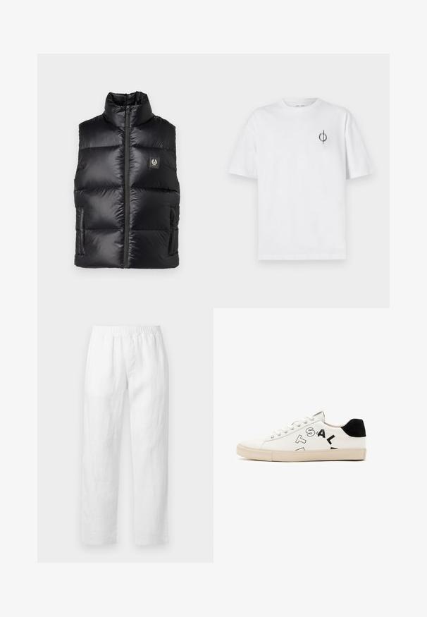 Belstaff RESOLVE GILET - Brezrokavnik - black; Bela bombažna majica s sproščenim krojem, ki ima majhen črn grafični logotip na levem prsnem delu. Kratke rokave, okrogel izrez.; Bele lanene hlače z elastičnim pasom, ravnim krojem in mehko teksturo brez vidnih vzorcev ali kovinskih detajlov.; Bela usnjena športna obutev z črnimi poudarki na peti, ki se ponaša z izrazitim črnim napisom na strani in gumijastim podplatom. Minimalistična zasnova.