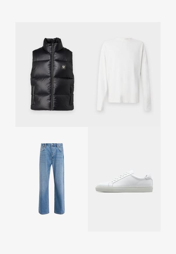 Belstaff RESOLVE GILET - Weste - black; Langärmliges weißes Baumwollhemd mit rundem Ausschnitt, seitlichen Schlitzen am unteren Rand und glatter Textur, von hinten präsentiert.; Helle blaue Jeans im Geradeschnitt-Design, mit fünf Taschen, Knopfverschluss, minimaler Ausbleichung und kontrastierenden Nähdetails.; Weißer Sneaker mit glattem Lederobermaterial und niedrigem Profil. Verfügt über eine runde Zehenpartie, sechs Ösen und eine strukturierte Gummisohle.