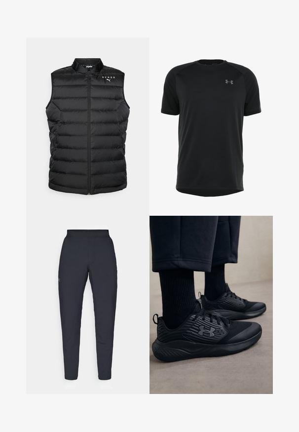 Črna pufasta brezrokavnik s stoječim ovratnikom, navpičnim šivanim dizajnom, zadrgo po dolžini in HYROX blagovno znamko na prsih. Lahka material.; Črna športna majica s kratkimi rokavi, narejena iz gladkega, lahkega materiala. Ima okroglo ovratnico in diskreten logotip na prsih.; Črne atletske hlače z gladko teksturo, ožjega kroja, elastičnim pasom in stranskimi žepi. Imajo majhen logotip na levem stegnu.; Oseba nosi črne atletske superge z teksturirano stranjo in logotipom, v kombinaciji s črnimi nogavicami in skrajšanimi hlačami na svetli podlagi.