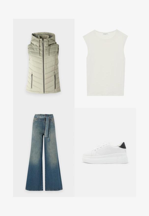 Vesta fără mâneci, căptușită, de culoare verde deschis, cu glugă, care prezintă coasere orizontale, sistem de închidere cu fermoar frontal și două buzunare laterale cu fermoar.; Top alb fără mâneci, cu decolteu rotund. Fabricat dintr-un material neted, prezintă o croială lejeră și un design minimalist. Fără modele sau accente.; Pantaloni din denim largi, cu un gradient de la albastru deschis la albastru închis, talie înaltă, bucle pentru curea și o curea din același material. Finisaj texturat din denim.; Adidași albi cu platformă, fabricați din material sintetic neted, cu vârf rotund, design cu șireturi și talpă din cauciuc texturat. Accente negre la călcâi.