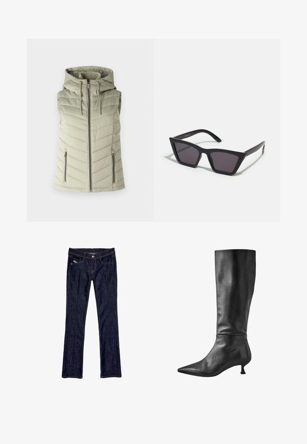Wypełniona bezrękawnik w jasnym zielonym kolorze z kapturem, z poziomymi szwami, z zamkiem błyskawicznym z przodu oraz dwoma kieszeniami na zamek po bokach.; Biały body z kwadratowym dekoltem, bez rękawów, gładką fakturą i zapięciem na napy na dole. Prosty i minimalistyczny styl.; Ciemnoniebieskie dżinsy typu straight leg, z przednim zapięciem na guziki, pięcioma kieszeniami i widocznym przeszyciem wzdłuż szwów.; Czarne skórzane botki do kolan z wąskim noskiem i niskim słupkowym obcasem, charakteryzujące się gładką teksturą i elegancką sylwetką.; Czarne, kanciaste okulary przeciwsłoneczne z szarymi soczewkami; wykonane z plastiku, z grubymi zausznikami o gładkiej powierzchni i bez widocznych elementów metalowych.