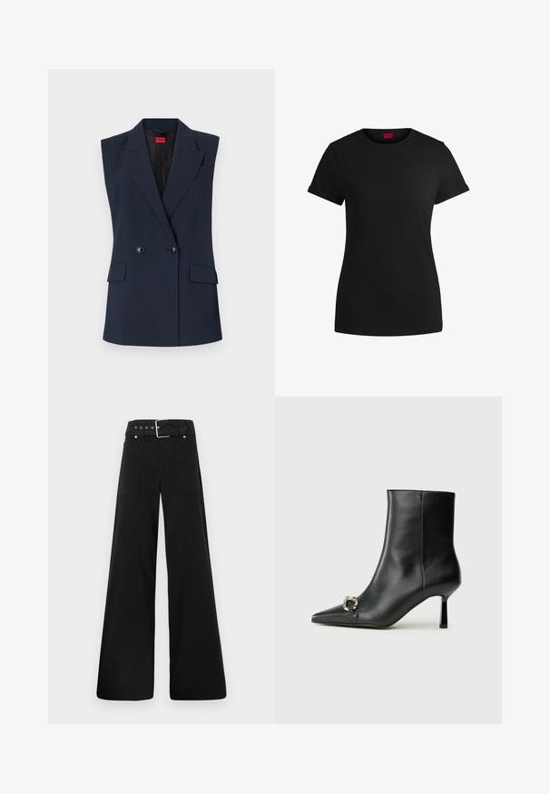 Navynsininen sleeveless-takki, jossa on tuplapainikkeet, etutaskut ja terävät kaulukset. Silkkinen kangas, jossa on hienovarainen kiilto ja logolappu.; Mustapaita, jossa on lyhyet käärityt hihat, pyöreä kaula-aukko ja punainen etiketti. Sileä pinta, istuva muoto ja minimaalinen yksityiskohtaisuus.; Mustat leveälahkeiset housut, jotka on valmistettu puuvillasta. Ne ovat korkeavyötäröiset, suuriin sivutaskuihin ja vyön kanssa varustettu, jossa on hopeanväriset yksityiskohdat.; Musta nahkasaapas nilkkapituisilla, terävillä kärjillä, hoikalla keskipituisella korolla ja hopeavöillä sivussa yksinkertaista taustaa vasten.