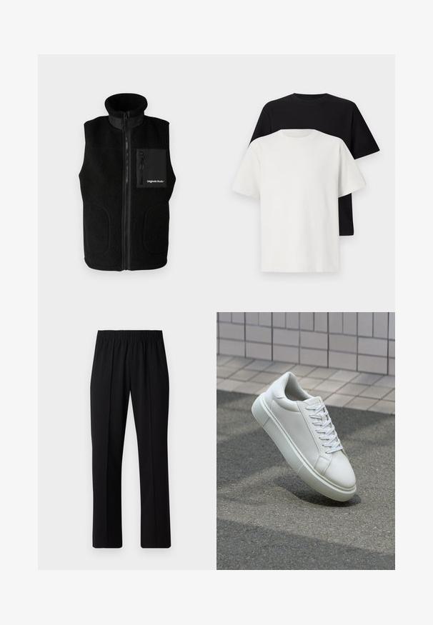 Crni flis prsluk s visokim ovratnikom, punim prednjim patentnim zatvaračem i patentnim zatvaračem na prsima. Uključuje glatke tkanine kao ukrase i bočne džepove.; Set pamučnih majica koji uključuje crnu i bijelu majicu, obje s kratkim rukavima, okruglim izrezom i klasičnim krojem. Tekstura tkanine.; Crne hlače s elastičnim strukom, ravnog kroja, s glatkom teksturom i bez vidljivih uzoraka ili metalnih dijelova.; Bijela kožna tenisica s glatkom površinom, okruglim vrhom i ravnim bijelim vezicama. Ima teksturiran gumeni potplat i minimalne dizajnerske elemente.