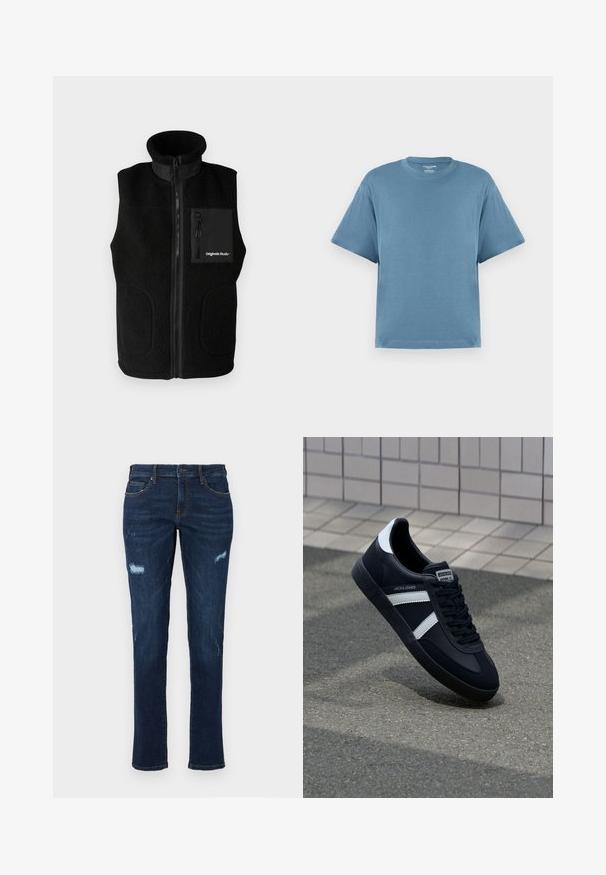 Schwarze Fleece-Weste mit hohem Kragen, durchgehendem Reißverschluss und einer Reißverschlusstasche auf der Brust. Inklusive glatter Stoffakzente und Seitentaschen.; Blaues T-Shirt mit kurzen Ärmeln, aus Baumwolle, mit Rundhalsausschnitt und lockerer Passform. Glatte Textur, minimalistisches Design, ohne Muster oder Akzente.; Dunkelblaue Denim-Jeans im geraden Schnitt, mit abgetragenen Rissen an den Knien, traditionellen Taschen und sichtbaren kontrastierenden Nähten.; Schwarze Leder-Sneaker mit weißen Streifen, strukturiertem Gummisohle und Schnürung. Verfügt über ein Markenetikett auf der Zunge.