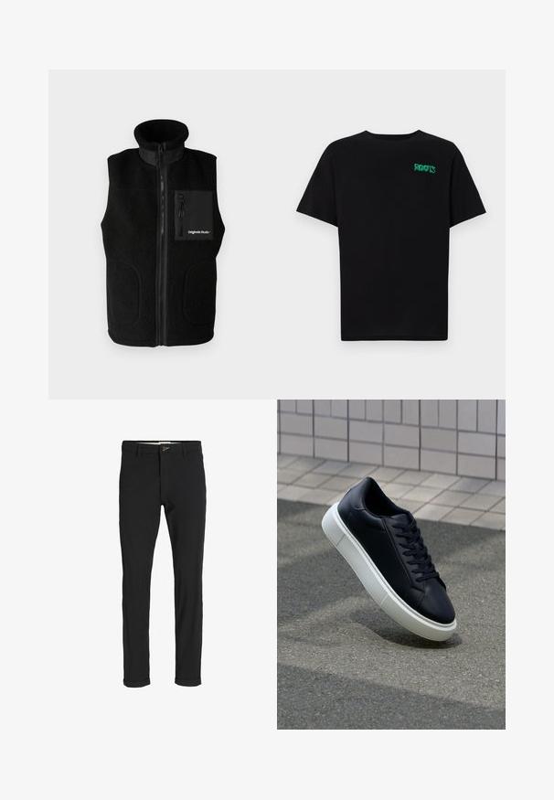 Črna flis jopica z visokim ovratnikom, polnim sprednjim zadrgo in žepom na prsih z zadrgo. Vključuje gladke tkaninske poudarke in stranske žepe.; Črna majica iz bombaža z kratkimi rokavi. Na sprednji strani ima zeleno logotip "ROOTS", okroglo ovratnico in standardno prileganje.; Črne bombažne hlače iz mešanice tkanin, ožjega kroja, z gumbom za zapiranje, žepi in zavihanimi robovi za sproščen videz.; Črne usnjene superge z zaobljenim prstom in belim gumijastim podplat. Imajo ravne vezalke in minimalno šivanje na zgornjem delu. Teksturirani podplat za oprijem.