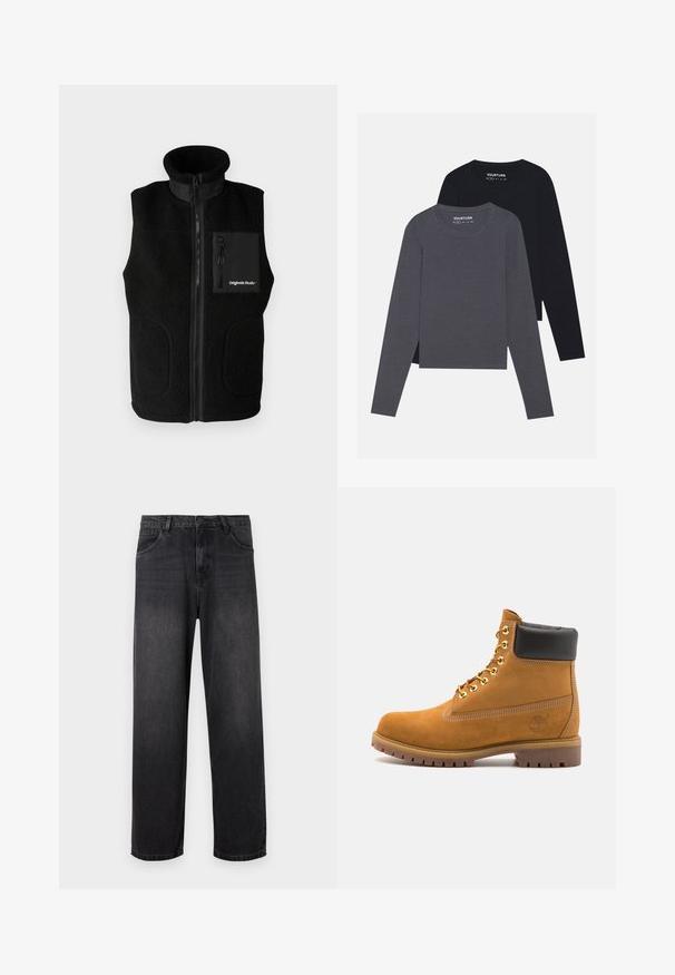 Black fleece vest with high collar, full front zipper, and a zippered chest pocket. Includes smooth fabric accents and side pockets.; YOURTURN 2 PACK UNISEX - Long sleeved top - dark grey/black; Dark gray denim jeans with a straight-leg design, featuring a zip fly, five pockets, and subtle fading details on the fabric.; Tan suede ankle boot with black padded collar, gold metal eyelets, white stitching detailing, and rugged rubber sole with pronounced treads.