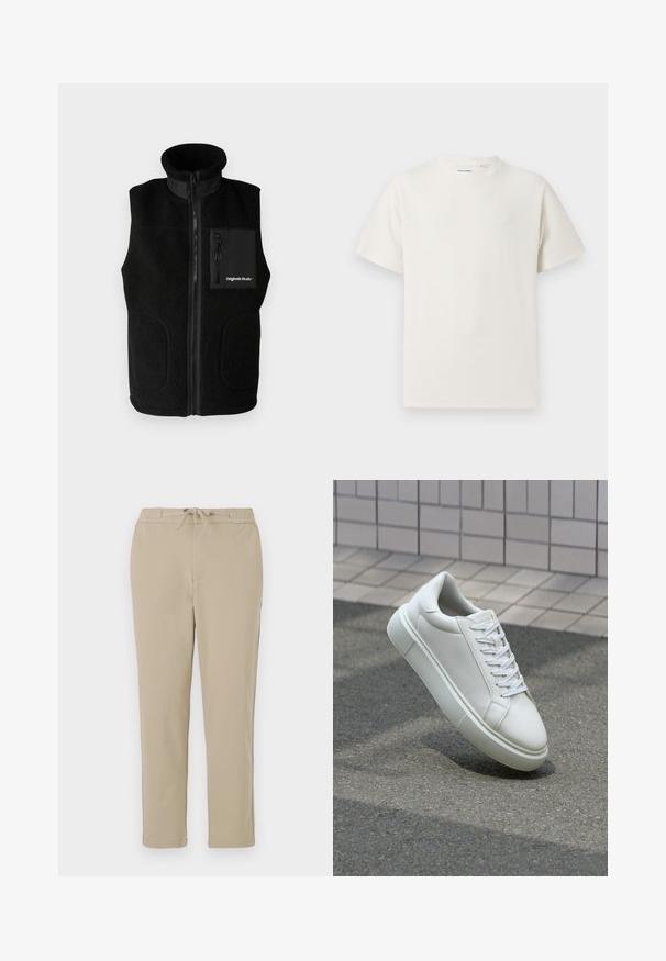 Colete de fleece preto com colarinho alto, fecho frontal completo em zíper e um bolso no peito com zíper. Inclui detalhes em tecido liso e bolsos laterais.; T-shirt branco de manga curta em textura canelada. Gola redonda, ajuste descontraído, sem padrões ou detalhes visíveis. Design simples e versátil.; Calças de lounge bege com cintura elástica e cordão, apresentando um design de perna reta e uma textura suave e macia.; Tênis de couro branco com superfície lisa, bico redondo e cadarços brancos planos. Apresenta uma sola de borracha texturizada e elementos de design minimalistas.