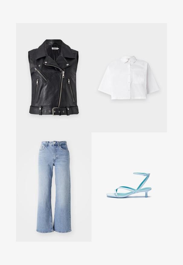 Black leather sleeveless biker vest with a collar, multiple zippered pockets, and a belted waist. Textured surface and metallic hardware accents.; White cropped shirt made of cotton, featuring a button-up front, a classic collar, and a single chest pocket with short sleeves.; Light blue high-waist wide-leg jeans with front and back pockets, button closure, and subtle fading on the thighs and hems.; Light blue strappy sandal with a square toe, low heel, adjustable ankle strap, and smooth, glossy finish. Crossed straps on the footbed.