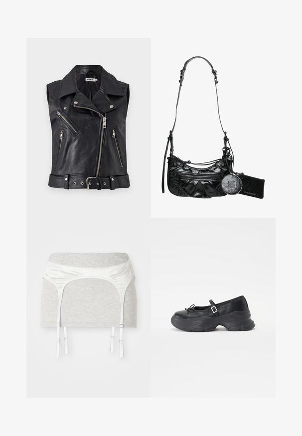 Melnas ādas bezpiedurkņu motokrosa veste ar apkakli, vairākiem rāvējslēdzēja kabatām un jostu vidukļa daļā. Strukturēta virsma un metāla aksesuāri.; Svītrains halter tops krēmkrāsā un tumši zilā ar plašu apkakli, kas aprīkots ar pogu aizdari un pinceti mezglu. Gluda auduma tekstūra.; Pelēka kokvilnas auduma apģērbs ar satīna baltu jostu un četriem regulējamiem lentēm zeķu turēšanai. Gluda tekstūra, pieguļošs dizains.; Melnas ādas Mary Jane kurpes ar apaļu purngalu, lentu detaļu un regulējamu potītes siksniņu. Ir masīvs gumijas zole ar izliektiem akcentiem.; Melnas sintētiskās ādas rokassoma ar izliekta dizaina, ar rāvējslēdzēju priekšējo kabatu un dekoratīvu aparatūru, kā arī noņemamu apaļu monētu maciņu.