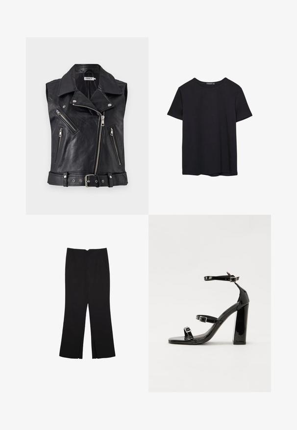Črna usnjena brezrokavnica za motoriste s ovratnikom, več zadrgo zaprtih žepov in pasom. Teksture površina in kovinski dodatki.; Enostavna črna bombažna majica s kratkimi rokavi in okroglim izrezom, prikazana na belem ozadju.; Črne hlače ravnega kroja z naglavnimi žepi in stranskimi razporki na robu. Narejene iz mehke, gladke tkanine. Primerne za različne priložnosti.; Črne lakirane sandale s peto, kvadratnim prstom, trakovi okrog gležnja in srebrnimi zaponkami. Opremljene so s stabilno Debelo peto.