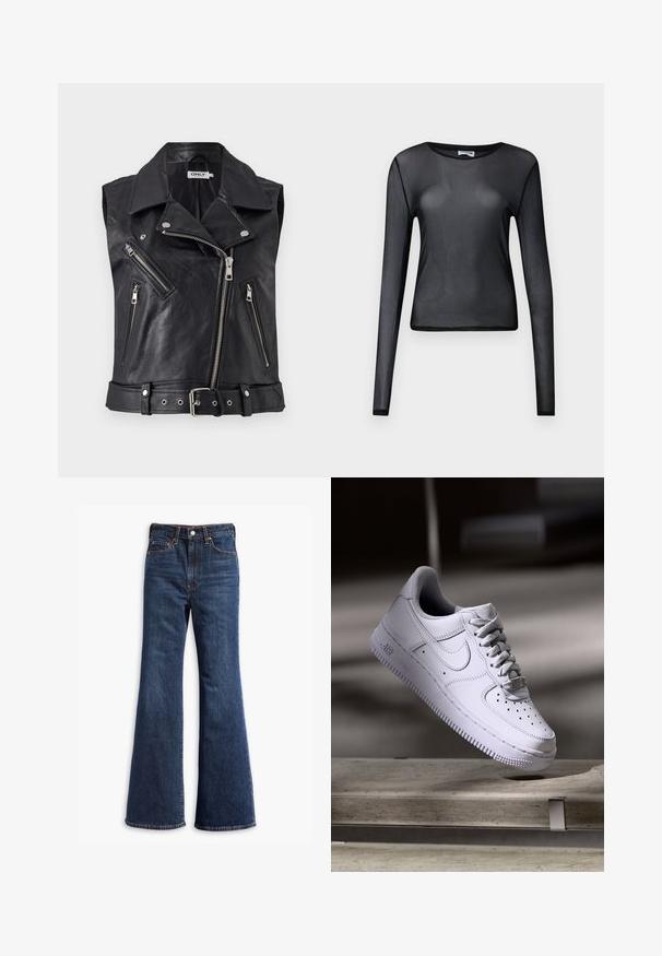 Crni kožni biker prsluk bez rukava s ovratnikom, višestrukim zatvorenim džepovima i pojasom u struku. Teksturalna površina i metalni dodaci.; Crna majica dugih rukava izrađena od prozirnog materijala, s okruglim izrezom i uskim krojem, s finim rubovima.; Traperice tamnoplave boje s visokim strukom, širokim nogavicama, prednjim kopčanjem na dugme i patentni zatvarač, te dizajnom s pet džepova.; Bijela Nike Air Force 1 tenisica lebdi iznad betonske površine s sjenama u minimalističkom okruženju.