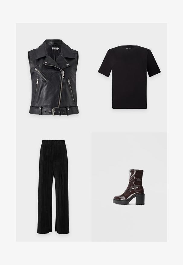 Melnas ādas bezpiedurkņu motokrosa veste ar apkakli, vairākiem rāvējslēdzēja kabatām un jostu vidukļa daļā. Strukturēta virsma un metāla aksesuāri.; Melnas īsām piedurknēm T-krekls ar apaļu kakla izgriezumu, izgatavots no mīksta kokvilnas auduma. Vienkāršs dizains, bez redzamām logo vai rakstiem.; Melni plīšu bikses ar elastīgu jostu. Tām ir platākas kājas un gluda, teksturēta auduma ar vertikālām svītrām.; Spīdīgas bordo potīšu botītes ar masīlu melnu papēdi, kurām ir gluda tekstūra un vienkāršs dizains. Nav redzamu aizdari vai rakstu.