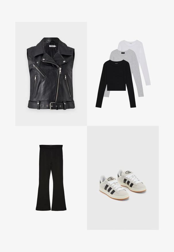 Czarna skórzana kamizelka motocyklowa bez rękawów z kołnierzem, wieloma zamykanymi na zamek kieszeniami i paskiem w talii. Strukturalna powierzchnia i metalowe akcenty.; Trzy bluzki z długim rękawem ułożone jedna na drugiej: czarna, szara i biała. Każda z okrągłym dekoltem i skróconym fasonem, wykonana z gładkiego, lekkiego materiału.; Czarne legginsy w stylu dzwonów wykonane z elastycznej tkaniny. Posiadają szeroki pas i gładką teksturę, z dopasowanym krojem, który rozszerza się ku dołowi.; Szare zamszowe trampki z białymi sznurówkami, czarnymi paskami i białą gumową podeszwą. Posiadają okrągłe logo na języku oraz gumową podeszwę.
