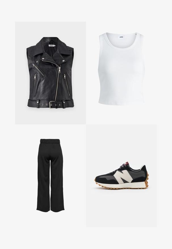 Svart läderbiker väst utan ärmar med krage, flera dragkedjefickor och belagd midja. Texturerad yta och metalliska detaljer.; Vit ribbade linne med rund halsringning, ärmlös design och kort längd. Märket säger "JJXX." Slät tygkvalitet.; Svarta, vida byxor med elastisk midja, tillverkade av en mjuk tyg. Har en ren design utan fickor eller synliga sömdetaljer.; Svart och grå mocka sneaker med en stor krämfärgad "N"-logotyp, lila snören och en texturerad gummisula.