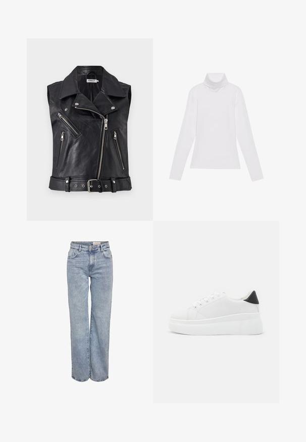 Schwarze Leder-Motorradweste ohne Ärmel mit Kragen, mehreren Reißverschlusstaschen und einem taillierten Gürtel. Texturierte Oberfläche und metallische Hardware-Details.; Weißes Langarm-Turtleneck-Oberteil aus glattem, elastischem Stoff. Mit hohem Kragen und tailliertem Schnitt, ohne sichtbare Muster oder Verzierungen.; Hellblau weite Jeans aus Denim, mit hoher Taille, fünf Taschen-Design und subtilen Ausbleichungen für einen eingesessenen Look.; Weiße Plateausneaker aus glattem Kunstmaterial, mit runder Zehenform, Schnürdesign und einer strukturierten Gummisohle. Schwarzer Fersenakzent.