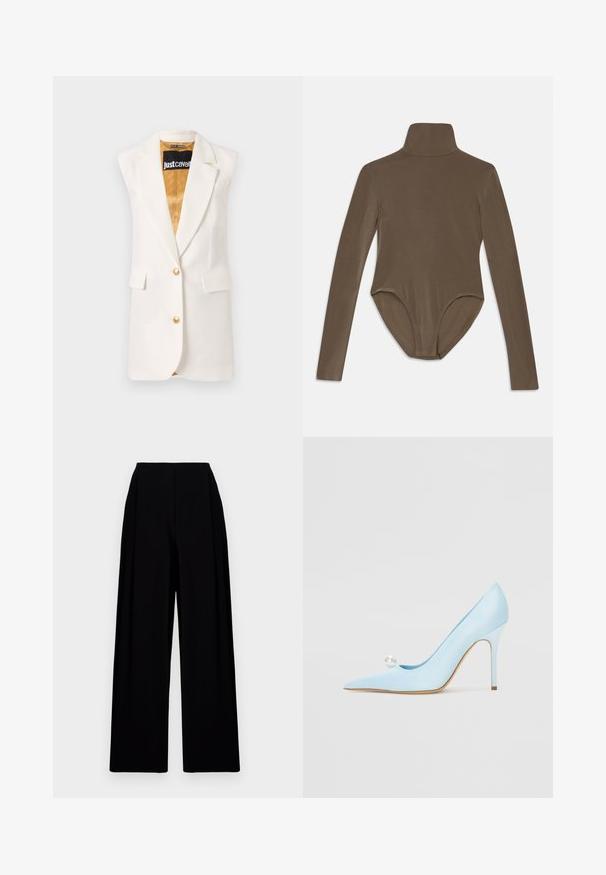 Valge ilma varrukateta bleiser, mis on valmistatud siledast kangast, omades kuldseid nuppe, kahte esi-taskut ja kontrastset kuldset voodrit.; Tumepruun, pika varrukaga bodi, millel on kõrge krae, sile textuur ja avatud seljaosa disain, mis annab seljale mugava ja tiheda istuvuse.; Laia mustiga mustad püksid kõrge vöökohaga, millel on sile tekstuur ja puhtad joonejooned. Ei ole nähtavaid lukke ega mustreid.; GIABORGHINI Kõrge kontsaga kingad - blue