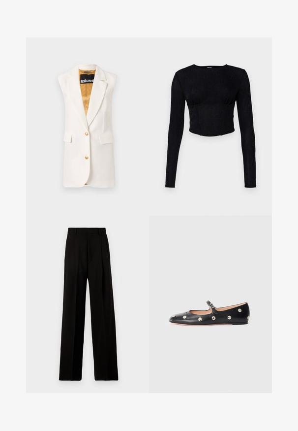 Bela brezrokavna blazer jakna iz gladkega materiala, z zlatimi gumbi, dvema sprednjima žepoma in kontrastno zlato podlogo.; Črn dolg rokav skrajšan top, izdelan iz teksturiranega blaga, z oprijetim dizajnom in gubanjem na prsih.; Črne široke hlače iz gladkega materiala, z visokim pasom, sprednjimi pregibi in brez okrasnih elementov v čistem, prirejenem dizajnu.; Črne usnjene Mary Jane balerinke z zaobljenim noskom, opremljene z zlatimi krožnimi mošnjo in nastavljivim trakom z zaponko.