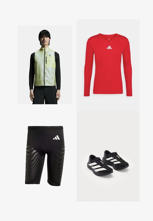 Lightweight yellow vest with a high collar, zippered front, and black accents. Worn over a black long-sleeve shirt. Sleek, streamlined design.; Red long-sleeve athletic shirt made of smooth, stretchy fabric. Features a V-neckline and white Adidas logo on the chest.; Black athletic shorts with a stretchy fit, featuring a glossy wave pattern on the sides and a white logo on the waistband.; Pair of black Adidas Adizero running shoes with white stripes and laces on white background, positioned side by side.