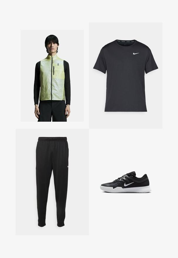 Leichte gelbe Weste mit hohem Kragen, Reißverschluss vorne und schwarzen Akzenten. Über einem schwarzen Langarmshirt getragen. Elegantes, stromlinienförmiges Design.; Schwarzes Nike Lauft-Shirt aus leichtem, atmungsaktivem Material, mit kurzen Ärmeln und einem kleinen weißen Logo auf der Brust.; Schwarze Sporthosen aus glattem Stoff, mit einem elastischen Bund, schmal zulaufenden Beinen und einem kleinen weißen Logo auf der linken Seite.; Schwarzer Sportschuh mit strukturiertem Obermaterial, weißem Nike-Warenzeichen und einer weißen Gummisohle. Verfügt über ein Schnürdesign und eine dynamische Form.