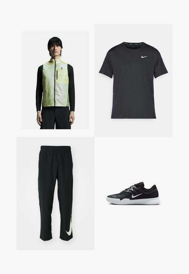 Leichte gelbe Weste mit hohem Kragen, Reißverschluss vorne und schwarzen Akzenten. Über einem schwarzen Langarmshirt getragen. Elegantes, stromlinienförmiges Design.; Schwarzes Nike Lauft-Shirt aus leichtem, atmungsaktivem Material, mit kurzen Ärmeln und einem kleinen weißen Logo auf der Brust.; Schwarze Sporthose mit elastischem Bund und taillierter Passform, auf der linken Beinschulter befindet sich ein großes weißes Nike-Logo. Weicher, leichter Stoff.; Schwarzer Sportschuh mit strukturiertem Obermaterial, weißem Nike-Warenzeichen und einer weißen Gummisohle. Verfügt über ein Schnürdesign und eine dynamische Form.