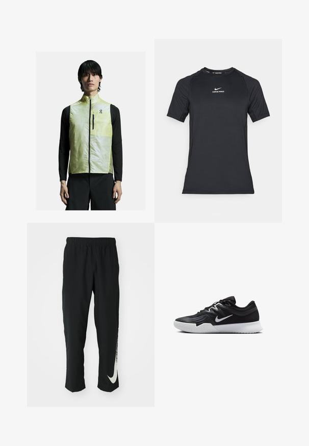 Lätt gul väst med hög krage, dragkedja framtill och svarta detaljer. Bärs över en svart långärmad tröja. Snygg, strömlinjeformat design.; Svart kortärmad Nike Pro atletisk kompressionsskjorta med vitt Nike-logotyp centrerad på bröstet.; Svarta träningsbyxor med elastisk midja, avsmalnande design, med en stor vit Nike-logotyp på vänster ben. Mjuk, lättviktig tyg.; Svarta träningsskor med en texturerad ovandel, vit Nike-logga och en vit gummisula. Har snörningsdesign och en dynamisk form.