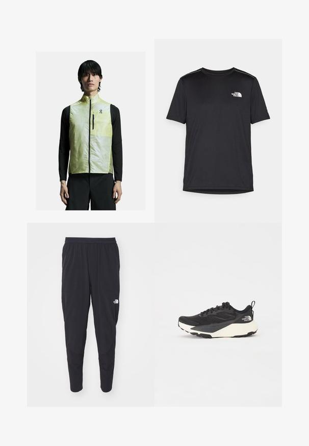 Vest galben ușor, cu guler înalt, fermoar frontal și accente negre. Purtați peste o cămașă neagră cu mânecă lungă. Design elegant și aerodinamic.; Tricou negru cu mânecă scurtă, realizat dintr-un material ușor. Prezintă un mic logo alb pe pieptul stâng și accente subtile pe umeri.; Pantaloni sport negri, cu talie elastică, picioare conice și buzunare laterale. Prezintă un logo subtil pe coapsă. Textură netedă.; Shoe sportiv negru cu superior din plasă texturată, accente negre solide și talpă ușoară albă. Dispune de închidere cu șireturi și mâner de prindere.