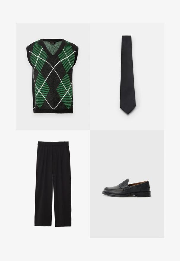 Juodas rankovių megztinis su žalių ir baltų rombų raštu su factūrų dryžiais, V formos iškirpte ir ribinėmis kraštinėmis.; Pilkas vilnonis kardiganas, turintis V formos iškirpimą, ilgomis rankovėmis, penkiomis sagomis ir baltu logotipu kairėje pusėje. Minkšta tekstūra, laisvas siluetas.; Balti ilgos rankovės marškiniai dviejuose paketuose, su mygtukų užsegimu, apykakle ir rankogaliais, pagaminti iš lygaus audinio be raštų.; Juodos platėjančios kelnės su pločiu priekiniu raukiniu, šoninėmis kišenėmis ir lygiu audiniu. Sukurtos patogiam prigludimui.; Juodos odinės laivelinės bateliai su siuvinėtu dizainu, apvalia nosimi, žemu sluoksniuota pakulne ir lengvu dėvėjimu. Sklandus paviršius su nežymiu blizgesiu.; Siaurukas juodas kaklaraištis su tekstūruota, įstrižine briaunų struktūra. Turėdamas smailą galą ir lygų paviršių. Tinka oficialiam apsirengimui.