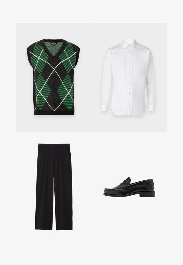 Černý svetřík bez rukávů se zeleno-bílým diamantovým vzorem s texturovanými pruhy, výstřihem do V a žebrovanými lemy.; Bílá košile na knoflíky s dlouhými rukávy, vyrobená z hladké bavlněné tkaniny, s klasickým límcem a jemným leskem. Pět knoflíků vpředu.; Černé široké kalhoty s skladaným předním dílem, bočními kapsami a hladkou texturou tkaniny. Navrženy pro pohodlný střih.; Černé kožené mokasíny s hladkým povrchem, prošíváním na špičce a nízkým podpatkem pro komfort a styl.