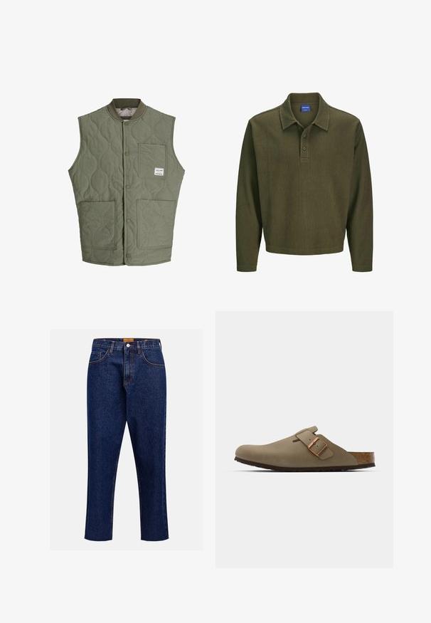 Oliivinvihreä tikattu hihaton liivi, jossa on edessä nepparit, ribattu kaulus, kolme läpällistä taskua ja pieni etiketti vasemmassa yläkulmassa.; Tummanvihreä pitkähihainen poolopaita, joka on valmistettu tekstuurisesta kankaasta. Siinä on kaulus, kolmesta napista koostuva napitus ja rento malli.; Tummansinisiä farkkujeansseja, joissa on suora lahje, korkea vyötärö, viisi taskua ja kontrastiväriset ompeleet. Farkuissa on raakapääntie nilkassa.; Ruske läppäkorot, joilla on sileä, matta pinta. Sivulla on näkyvä pronssivöri. Korkkijalkine ja kumipohja mukavuutta varten.