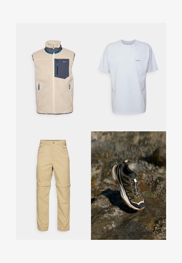 Kreemivärvi fliisvest kõrge kaelusega, täielik tõmblukk ja tumesinine rinnatasku. Omab siniseid tõmblukke ja kontrastset tumedat ääreäärist.; Valge puuvillane t-särk lühikeste varrukatega, ümar kaelus ja vasakpoolne rinnatasku koos sinise "Patagonia" logoga. Klassikaline lõige, sileda tekstuuriga.; Beezhides zip-off püksid sujuva tekstuuriga, kus on kaks küljetaskut, nööbiga sulgu ja mugavust lisavad keeratavad varrukad.; Olive rohelised ja mustad matkasaapad roosade aktsentidega. Omab tekstuurset ülemist osa, painduvaid põhi, tugevdatud varbakaitset ja värvilist paeltesüsteemi.