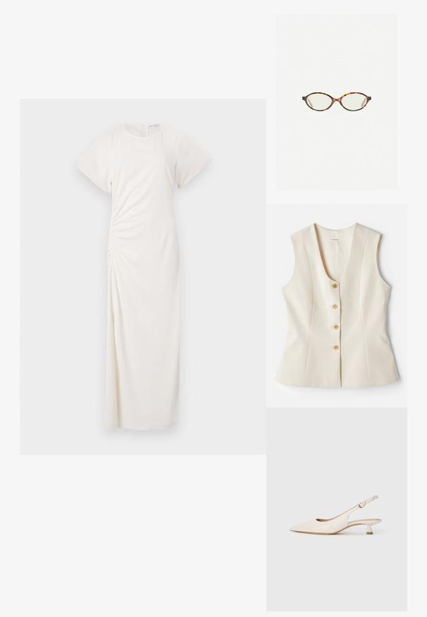 Ärmelloses, beige Top mit V-Ausschnitt und fünf Knöpfen entlang der Vorderseite, taillierte Passform und glatte Textur. Leichtes Material. Keine Muster.; Weißes Kleid mit kurzen Ärmeln, rundem Ausschnitt und seitlicher Raffung; glattes Material mit bodenlangen Silhouette.; Cremefarbene Slingback-Schuhe mit spitzem Zehenbereich und niedrigem Kitten-Absatz sowie goldener Schnalle auf einfarbig weißem Hintergrund.; Schildpatt-Eyegläser mit ovalen Gläsern und einer eleganten, glatten Oberfläche. Mit dünnen Seiten und einer subtilen Kurve an den Schläfen. Klare Gläser.